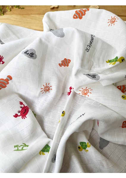 75X85CM Kenarı Oyalı Denizaltı Desenli Tek Katlı %100 Pamuk Müslin Battaniye indirimleri