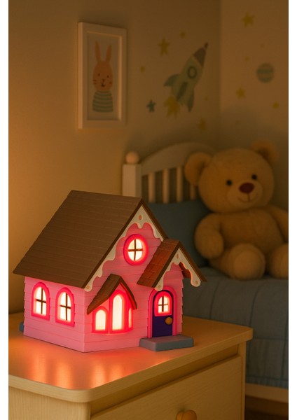 Pembe Çatılı Işıklı Mini Ev Gece Lambası – Dekoratif Çocuk Odası Lambası