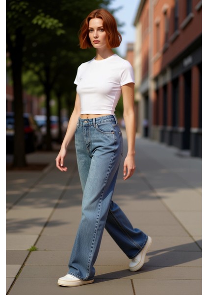 Kadın Açık Yüksek Bel Geniş Paça Denim Pantolon Fonksiyonel Dayanıklı Kaliteli Konforlu Şık