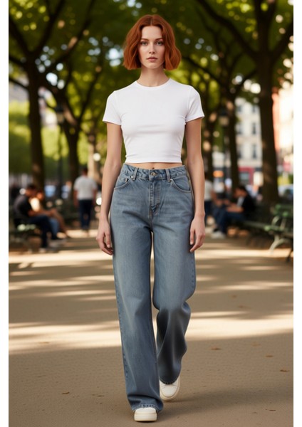 Kadın Açık Yüksek Bel Geniş Paça Denim Pantolon Fonksiyonel Dayanıklı Kaliteli Konforlu Şık modelleri