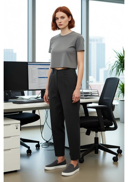Kadın Antrasit Yüksek Bel Havuç Kesim Pantolon Fonksiyonel Dayanıklı Kaliteli Konforlu Şık