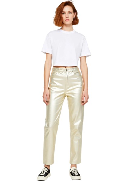 Kadın Altın Efektli Yüksek Bel Düz Kesim Jean Pantolon Fonksiyonel Dayanıklı Kaliteli Spor fırsatları