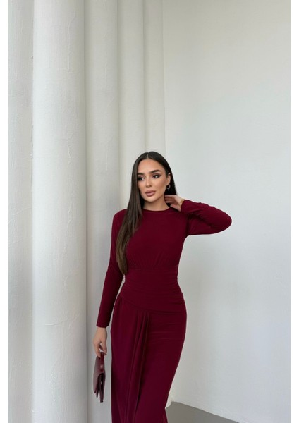 Kadın Drapeli Uzun Kollu Ön Parça Detaylı Büzgülü Elbise