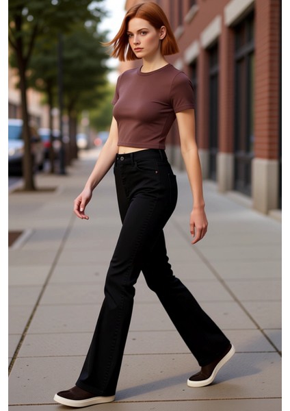Kadın Yüksek Bel Flare Denim Pantolon Fonksiyonel Dayanıklı Kaliteli Konforlu Estetik Spor