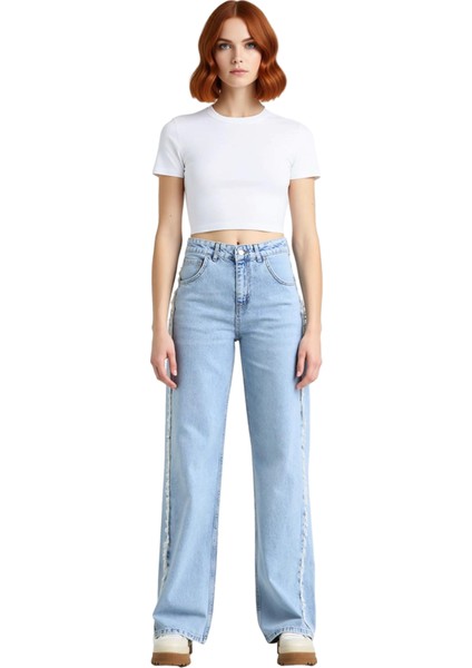 Kadın Açık Püsküllü Yüksek Bel Straight Denim Pantolon Fonksiyonel Dayanıklı Kaliteli Spor