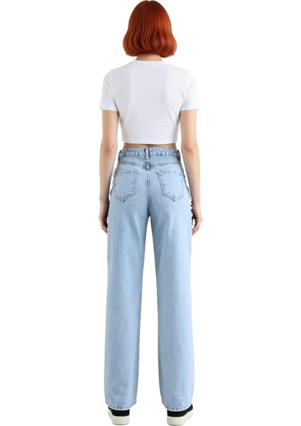 Kadın Açık Püsküllü Yüksek Bel Straight Denim Pantolon Fonksiyonel Dayanıklı Kaliteli Spor fiyatları