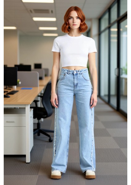Kadın Açık Püsküllü Yüksek Bel Straight Denim Pantolon Fonksiyonel Dayanıklı Kaliteli Spor modelleri