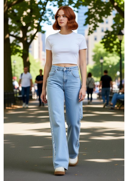 Kadın Açık Püsküllü Yüksek Bel Straight Denim Pantolon Fonksiyonel Dayanıklı Kaliteli Spor fırsatları