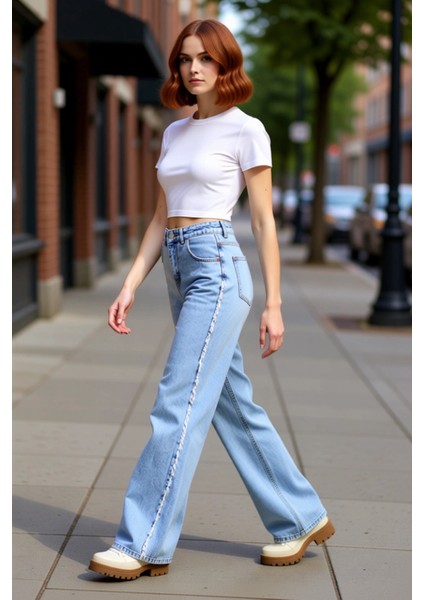 Kadın Açık Püsküllü Yüksek Bel Straight Denim Pantolon Fonksiyonel Dayanıklı Kaliteli Spor indirimleri