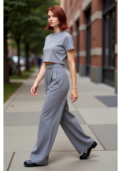 Kadın Yüksek Bel Pileli Geniş Paça Pantolon Fonksiyonel Dayanıklı Kaliteli Konforlu Modern