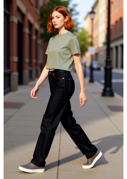 Kadın Yüksek Bel Düz Kesim Denim Pantolon Fonksiyonel Dayanıklı Kaliteli Konforlu Estetik Şık