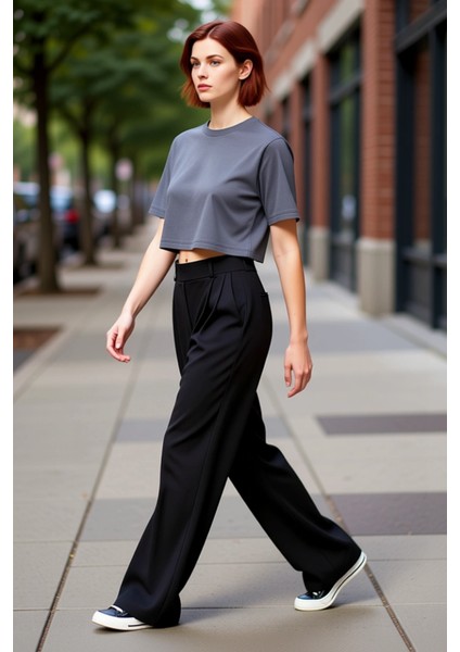 Kadın Pileli Geniş Kesim Örme Pantolon Fonksiyonel Dayanıklı Kaliteli Konforlu Estetik Şık