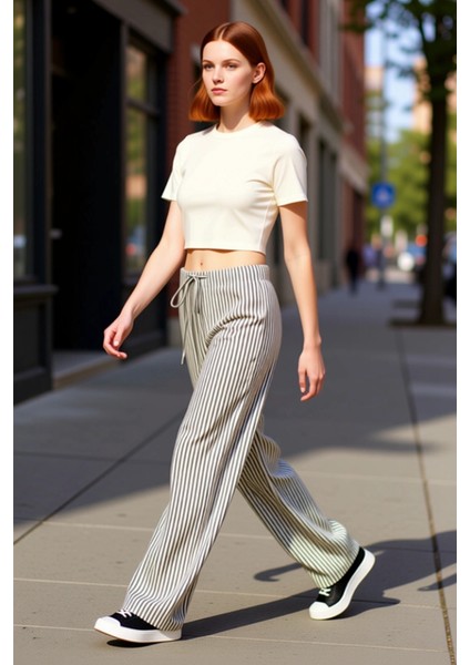 Kadın Çok Renkli Çizgili Geniş Paça Pantolon Fonksiyonel Dayanıklı Kaliteli Konforlu Rahat