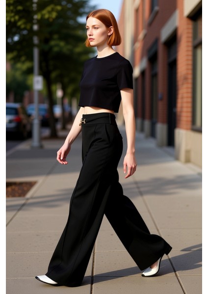 Kadın Toka Detaylı Wideleg Örme Pantolon Fonksiyonel Dayanıklı Kaliteli Konforlu Estetik Şık