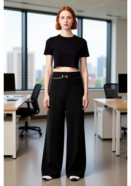 Kadın Toka Detaylı Wideleg Örme Pantolon Fonksiyonel Dayanıklı Kaliteli Konforlu Estetik Şık fiyatları