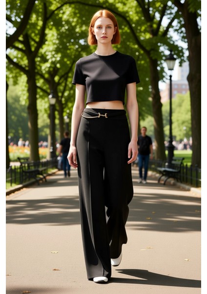 Kadın Toka Detaylı Wideleg Örme Pantolon Fonksiyonel Dayanıklı Kaliteli Konforlu Estetik Şık modelleri