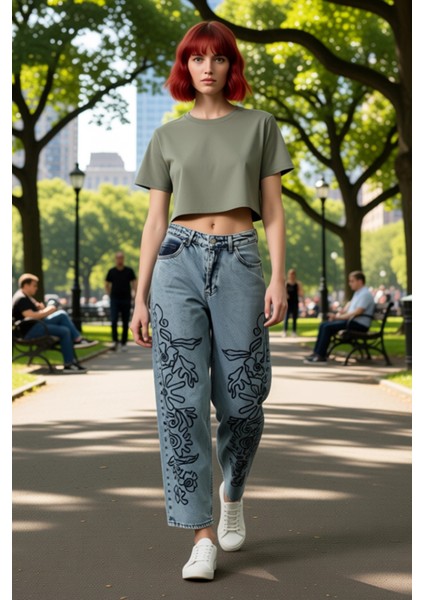 Kadın Işlemeli Yüksek Bel Bol Kesim Kot Pantolon Fonksiyonel Dayanıklı Kaliteli Konforlu Şık fırsatları