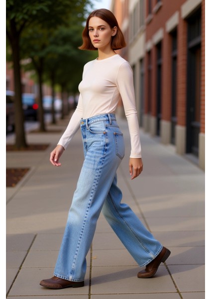 Kadın Yüksek Bel Geniş Paça Denim Pantolon Fonksiyonel Dayanıklı Kaliteli Konforlu Estetik