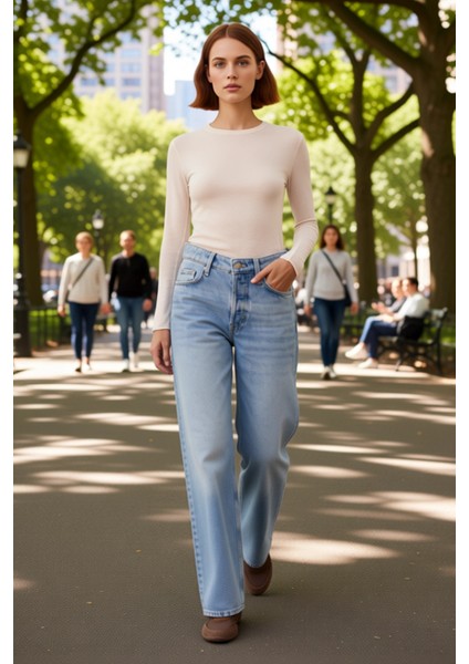 Kadın Yüksek Bel Geniş Paça Denim Pantolon Fonksiyonel Dayanıklı Kaliteli Konforlu Estetik modelleri