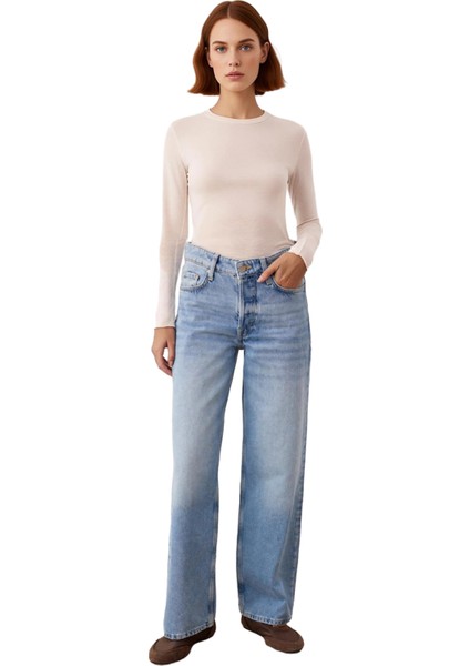 Kadın Yüksek Bel Geniş Paça Denim Pantolon Fonksiyonel Dayanıklı Kaliteli Konforlu Estetik fırsatları