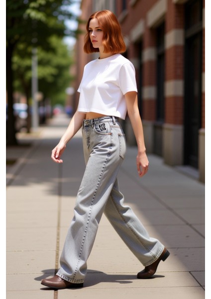 Kadın Yüksek Bel Geniş Paça Denim Pantolon Fonksiyonel Dayanıklı Kaliteli Konforlu Estetik