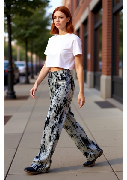 Kadın Süet Görünümlü Flok Baskılı Wide Leg Jean Pantolon Fonksiyonel Dayanıklı Kaliteli Şık