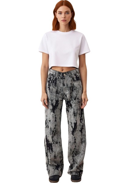 Kadın Süet Görünümlü Flok Baskılı Wide Leg Jean Pantolon Fonksiyonel Dayanıklı Kaliteli Şık fırsatları