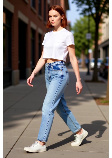 Kadın Açık Yüksek Bel Dar Paça Mom Jean Pantolon Fonksiyonel Dayanıklı Kaliteli Konforlu Şık