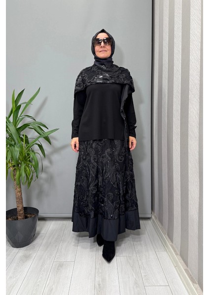 Dantelli Etek Bluz Takım Siyah(Payetli) 38219