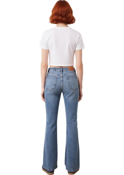 Kadın Yüksek Bel Ispanyol Paça Denim Pantolon Fonksiyonel Dayanıklı Kaliteli Konforlu Spor indirimleri