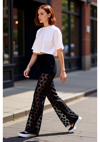 Kadın Dantel Detaylı Flare Pantolon Fonksiyonel Dayanıklı Kaliteli Konforlu Estetik Modern modelleri