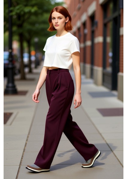 Kadın Mürdüm Düz Paça Yüksek Bel Gabardin Pantolon Fonksiyonel Dayanıklı Kaliteli Konforlu