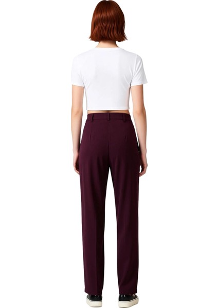 Kadın Mürdüm Düz Paça Yüksek Bel Gabardin Pantolon Fonksiyonel Dayanıklı Kaliteli Konforlu indirimleri