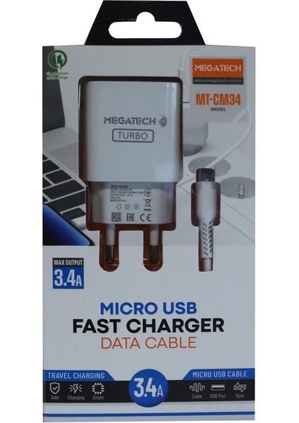 MT-CM34 3.4A Micro USB Kablo+ Ev Şarj Adaptörü Hızlı Şarj