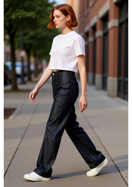 Kadın Geniş Paça Denim Pantolon Yüksek Bel Fonksiyonel Dayanıklı Kaliteli Konforlu Estetik