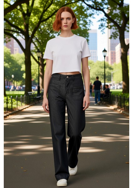 Kadın Geniş Paça Denim Pantolon Yüksek Bel Fonksiyonel Dayanıklı Kaliteli Konforlu Estetik modelleri