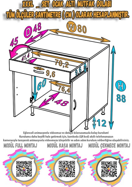 Doqu Ocak Altı Çok Amaçlı Mutfak Dolabı, 1 Çekmeceli, Kapaklı, Tüp Gözlü (48 Cm) Derinlik (5 Farklı Genişlik Seçeneği) indirimleri