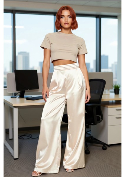 Kadın Wide Leg Saten Dokuma Pantolon Fonksiyonel Dayanıklı Kaliteli Konforlu Estetik Rahat