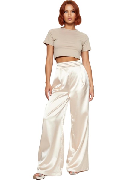 Kadın Wide Leg Saten Dokuma Pantolon Fonksiyonel Dayanıklı Kaliteli Konforlu Estetik Rahat fırsatları