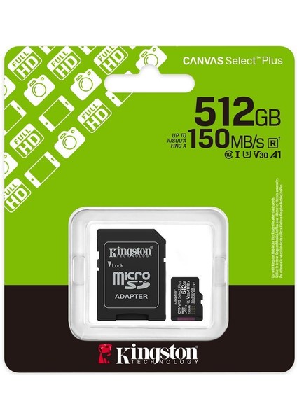 Kingston SDCS3-512GB 512GB Microsdxc Canvas Select Plus Gen3 150MB-S A1 Card + Adapter Hafıza Kartı