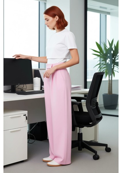 Kadın Pileli Wide Leg Pantolon Yüksek Bel Fonksiyonel Dayanıklı Kaliteli Konforlu Estetik Şık