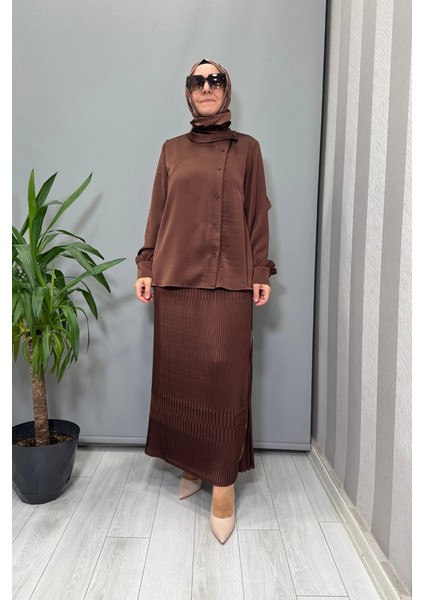 Saten Pliseli Etek Takım Kahve 38015