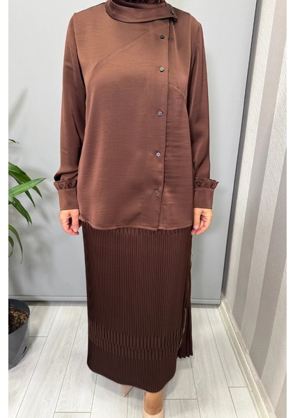 Saten Pliseli Etek Takım Kahve 38015 fırsatları