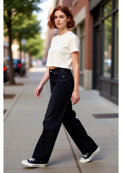 Yüksek Bel Geniş Paça Denim Pantolon Kadın Fonksiyonel Dayanıklı Kaliteli Konforlu Estetik