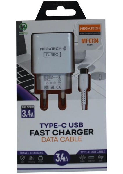 Cc-03 (MT-CT34 )3.4A Type-C USB Kablo+ Ev Şarj Adaptör Hızlı Şarj
