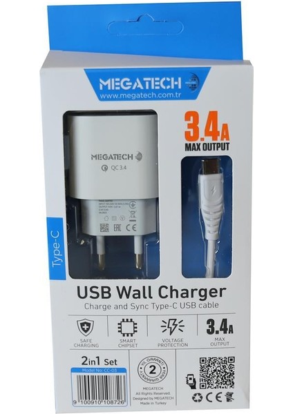 Cc-03 (MT-CT34 )3.4A Type-C USB Kablo+ Ev Şarj Adaptör Hızlı Şarj fiyatları