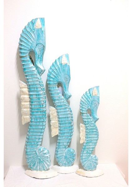 Ahşap Dekoratif Deniz Atı Üç Lü Set 100 - 80 - 60 cm Otantik El Yapımı Biblo