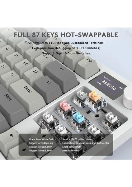 Attack Shark K86 Retrogrey App Uygulamalı Tri-Mode E-Sports Profesyonel Gaming Oyuncu Klavye modelleri