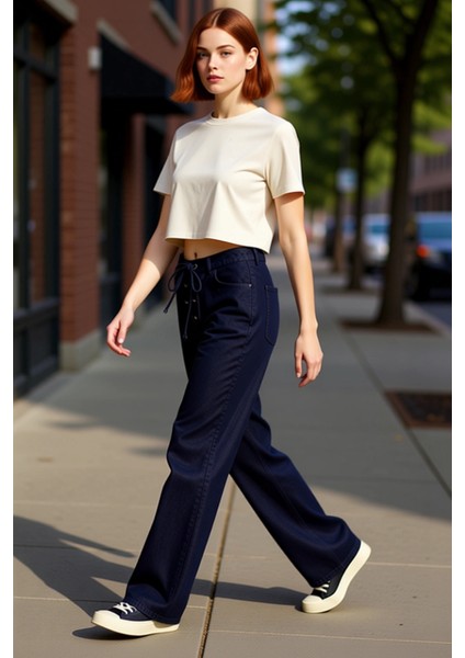 Kadin Koyu Baglama Detayli Wide Leg Denim Pantolon Fonksiyonel Dayanıklı Kaliteli Konforlu