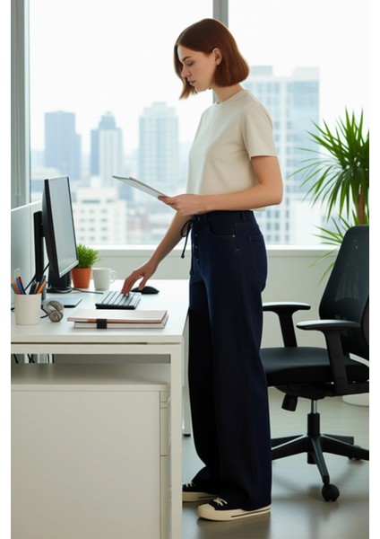 Kadin Koyu Baglama Detayli Wide Leg Denim Pantolon Fonksiyonel Dayanıklı Kaliteli Konforlu fiyatları